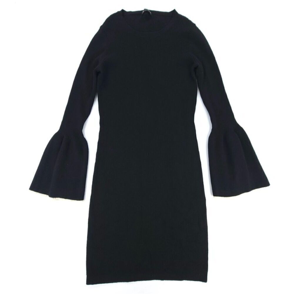 NEW Club Monaco Merino Wool Wioletta Tipped Bell Sleeve Rib Sweater Dress Black